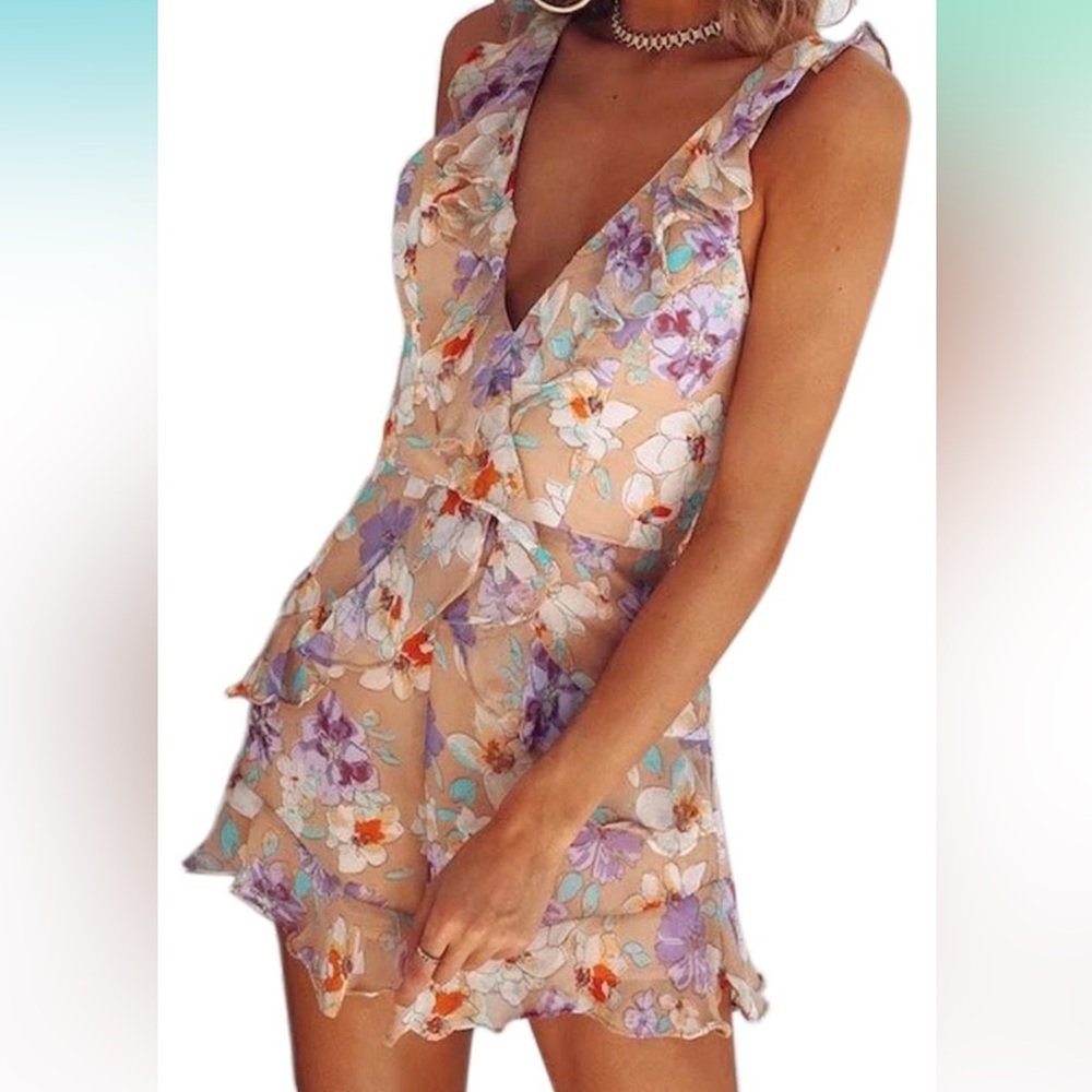 Summer Casual Floral Ruffle Backless Spaghetti OS